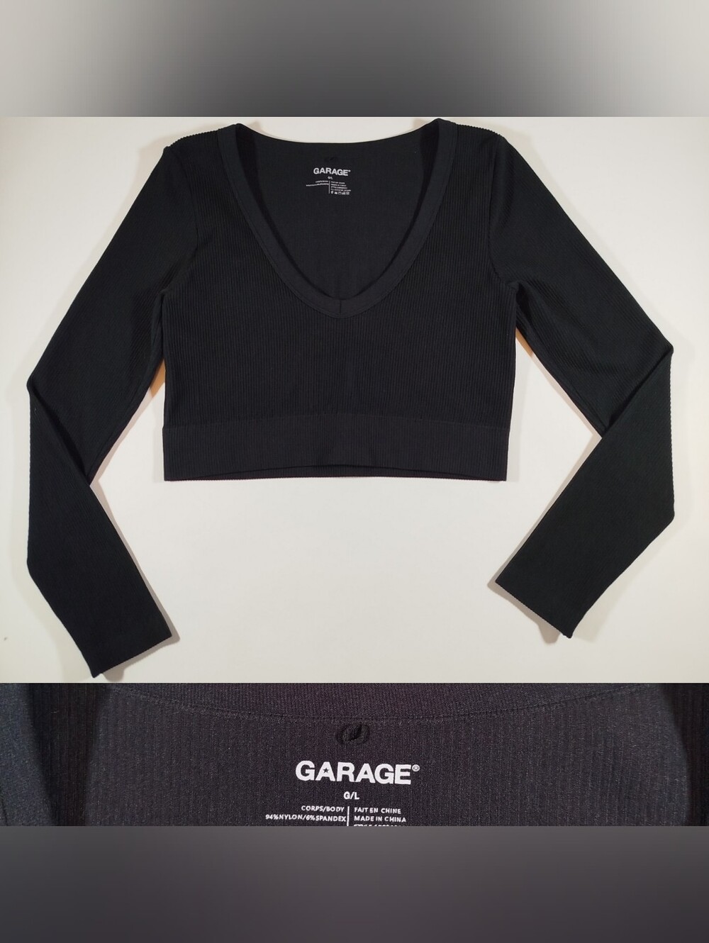 Garage Black Ribbed V-Neck Long Sleeve Crop Top